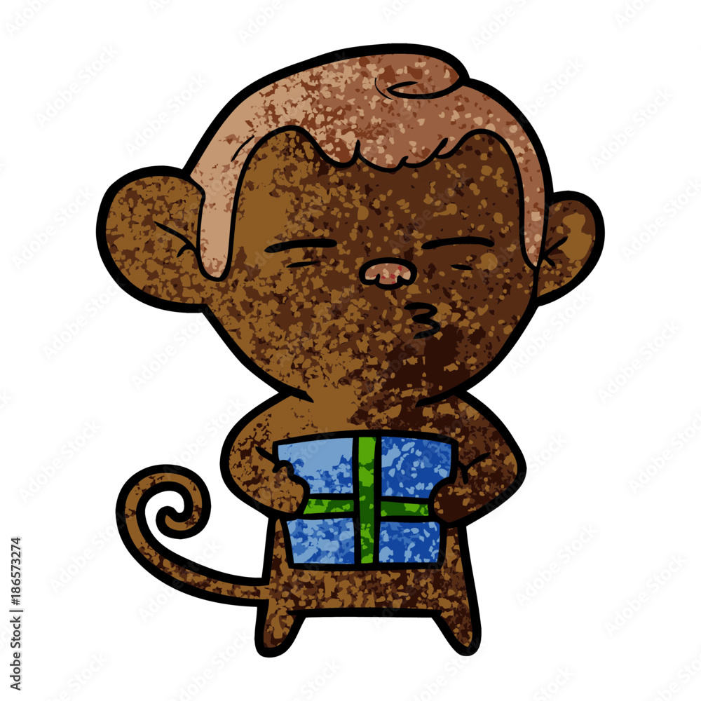 cartoon suspicious monkey with present cartoon suspicious monkey with present
