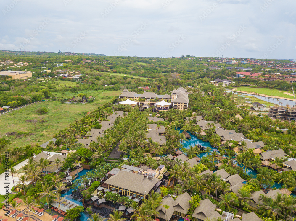 Aerial view of Nusa Dua resorts from drone, Bali island, Indonesia