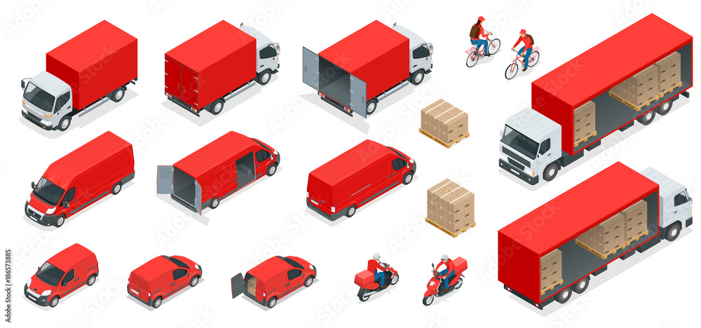 Fototapeta premium Zestaw ikon logistyki izometrycznej różnych pojazdów dystrybucji transportu, elementy dostawy. Transport ładunku na białym tle.