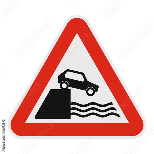 Car on a precipice over water icon. Flat illustration of car on a precipice over watevector icon for web.
