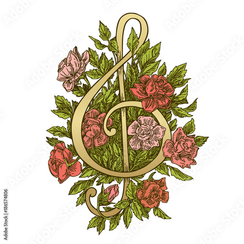 The treble clef is decorated with flowers rose. Engraving style. Color. Vector illustration.