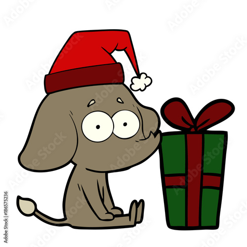 cartoon unsure elephant sat on floor with christmas present