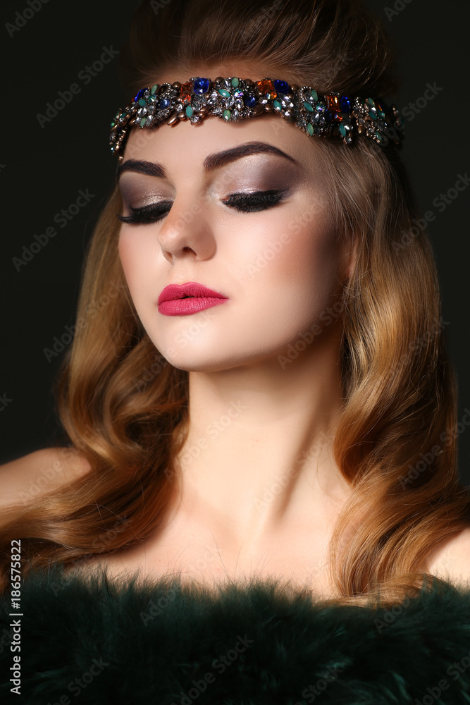 Beauty girl with fur, makeup curls Beauty girl with fur, makeup curls