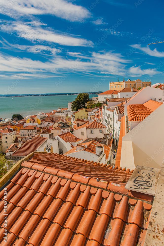 Portugal Lisbon panorama view of the city, roof tops from high point