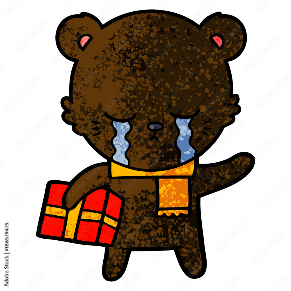 crying cartoon bear with present crying cartoon bear with present