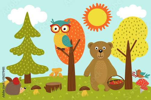 animals in forest picks mushrooms and berries  - vector illustration, eps