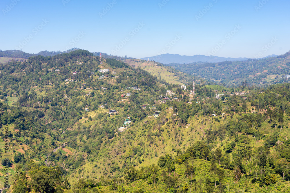 View from the Little Adams Peak to Ella, a small town in the highlands and Uva province of Sri Lanka. Approx 1000m high, the town is rich on bio-diversity, surrounded by forest and tea plantations