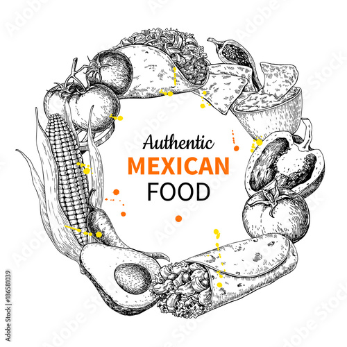 Mexican food sketch label in frame. Traditional cuisines drawing