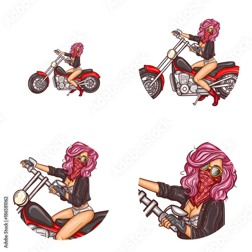 Vector pop art round avatar icons for users social networking, blogs, profile icons. Sexy girl biker in underwear, leather jacket and red bandana covering face sits on motorcycle and holds handlebar