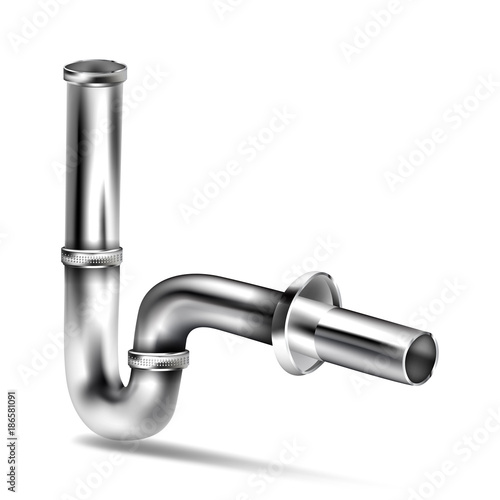 Vector realistic 3d drain pipe, basin siphon, chrome luxury sink drain. Bathroom plumbing, sewerage water drainage system symbol. Isolated illustration on a white background.