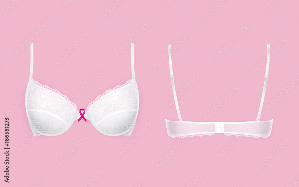 Realistic vector white bra with lace and small pink bow symbol breast cancer awareness, isolated front and back view. Element female underwear for breast support, woman lingerie. Template for mockup Realistic vector white bra with lace and small pink bow symbol breast cancer awareness, isolated front and back view. Element female underwear for breast support, woman lingerie. Template for mockup
