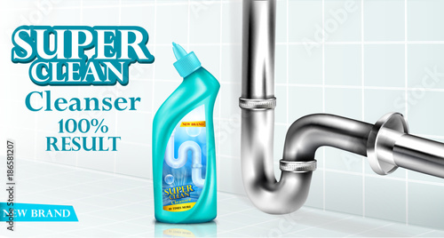 Vector drain pipe cleaner ad poster, detergent bottle near basin siphon, chrome luxury sink drain. Mockup package for brand design, 100 percent result cleanser. Illustration bathroom tiles background
