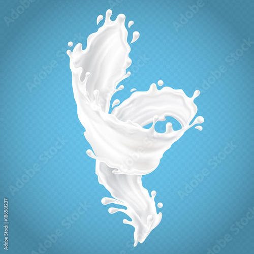 Vector realistic milk splash with drops isolated on blue transparent background. Natural dairy products, cream or yogurt, 3d illustration. Template for mockup, package desing, promotion flyer, banner