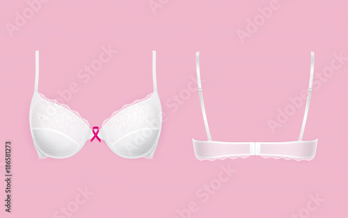 Realistic vector white bra with lace and small pink bow symbol breast cancer awareness, isolated front and back view. Element female underwear for breast support, woman lingerie. Template for mockup