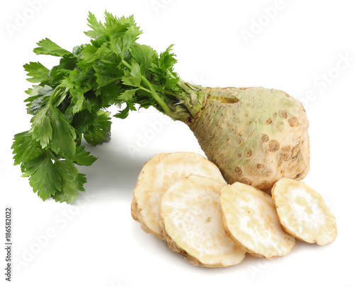 celery root with leaf isolated on white background. Celery isolated on white. Healthy food