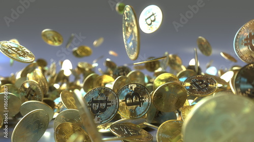 Falling bitcoin tokens 3D rendering