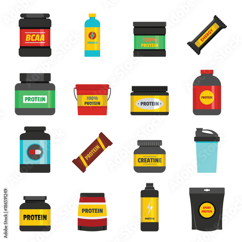 Protein sport nutrition containers icons set. Flat illustration of 16 train toy children vector icons for web