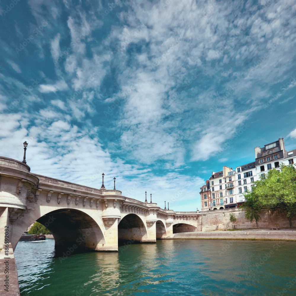 Pont Neuf bridge on Seine river in Paris, France, on a bright sunny day