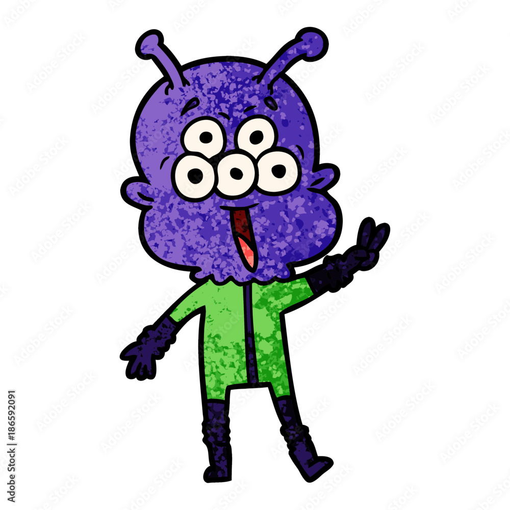 Naklejka premium happy cartoon alien waving peace gesture