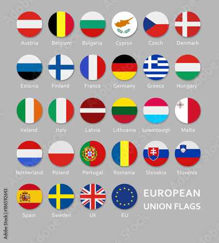 Rounded European Union flags button set with names of each country