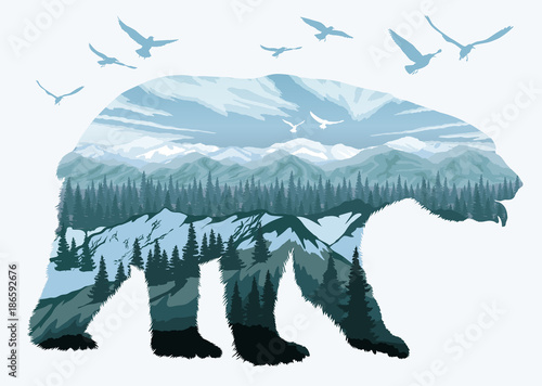 Double exposure, bear and animal wildlife