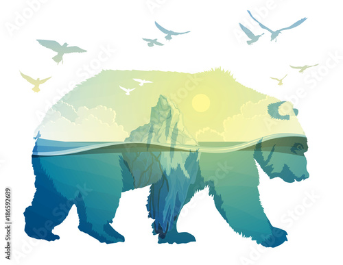 Polar Bear, global warming. Double exposure