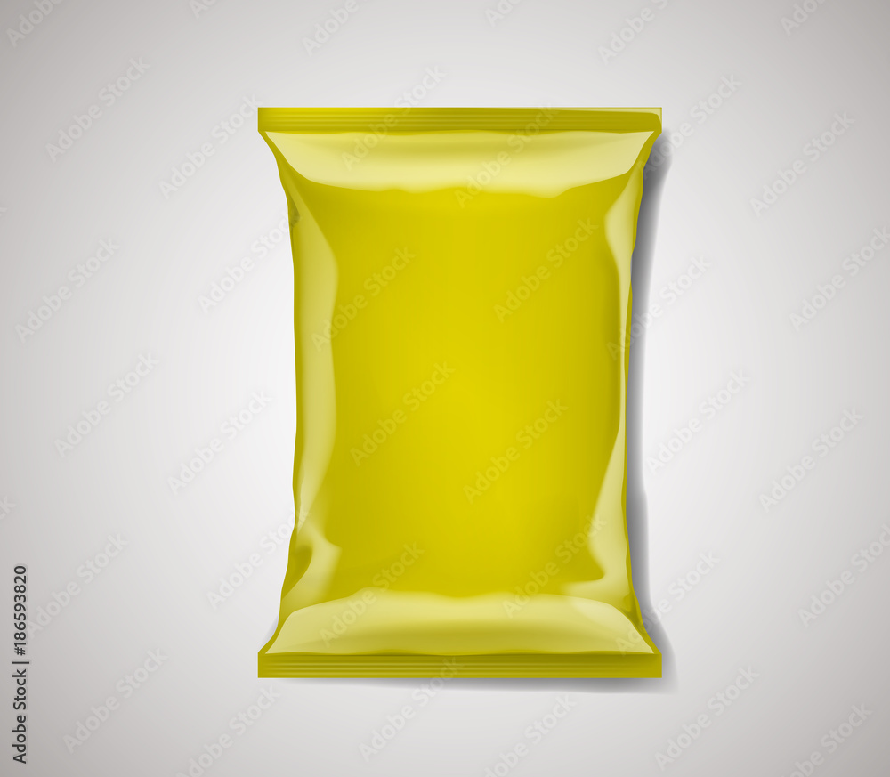 Yellow blank foil plastic bag packaging isolated. Mockup design