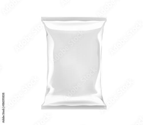 White blank foil plastic bag packaging isolated. Mock-up design template for branding for chips, snack, cookies, peanuts.