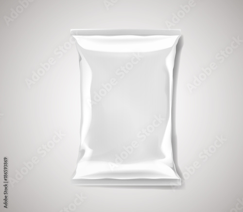 White blank foil plastic bag packaging isolated. Mock-up design template for branding for chips, snack, cookies, peanuts.
