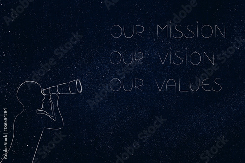 our mission, vision or values text next to man with monocle looking at it