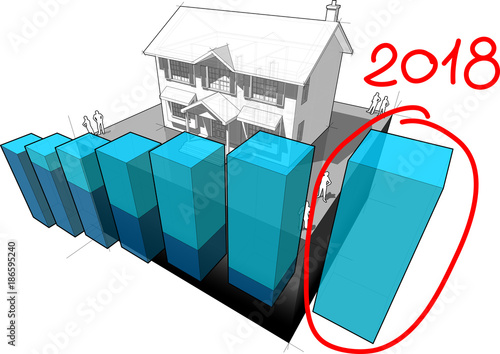 diagram of a classic colonial house with rising abstract business diagram and hand drawn note 2018 over last diagram bar