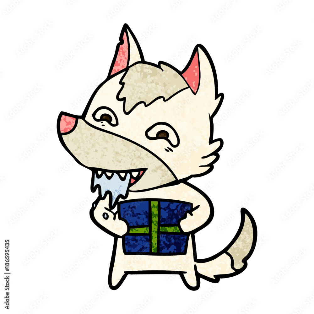 cartoon hungry wolf holding christmas present cartoon hungry wolf holding christmas present