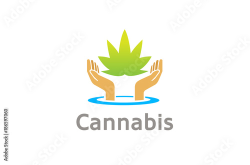 Creative Cannabis Hands Holding Water Drop Logo Design Symbol Illustration