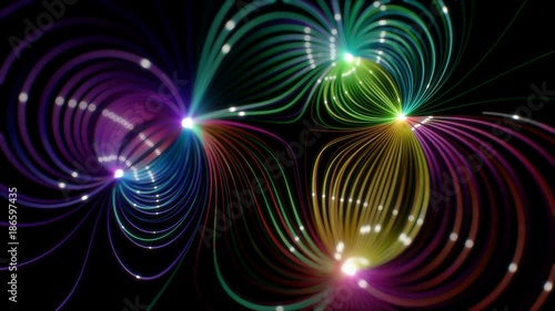 Bright fluorescent wires with glowing signals moving between nodes. Schematic magnetic field lines. Optical cables network.