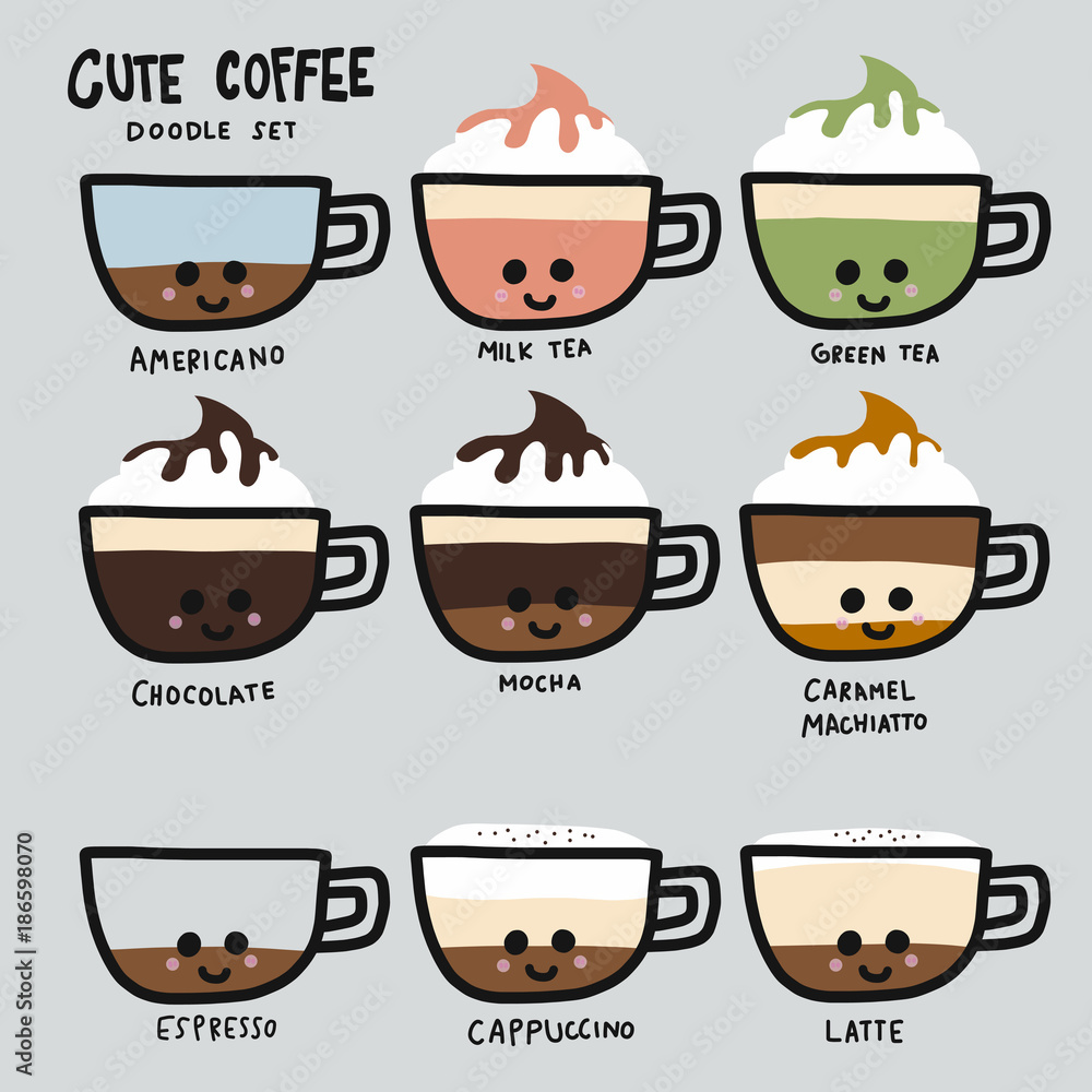 Cute coffee type set doodle style cartoon vector illustration Stock Vector  | Adobe Stock