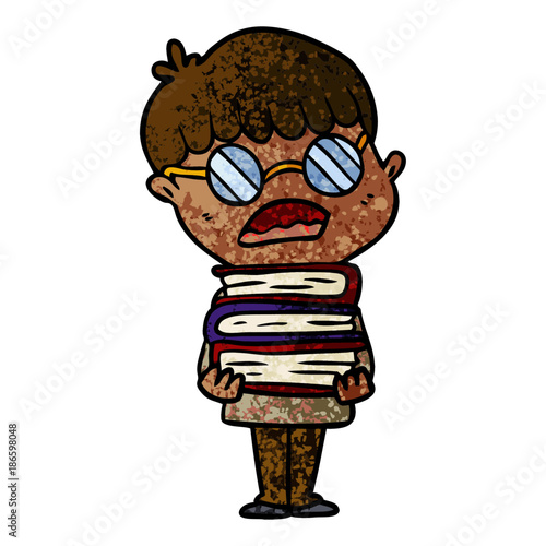cartoon boy with books wearing spectacles 