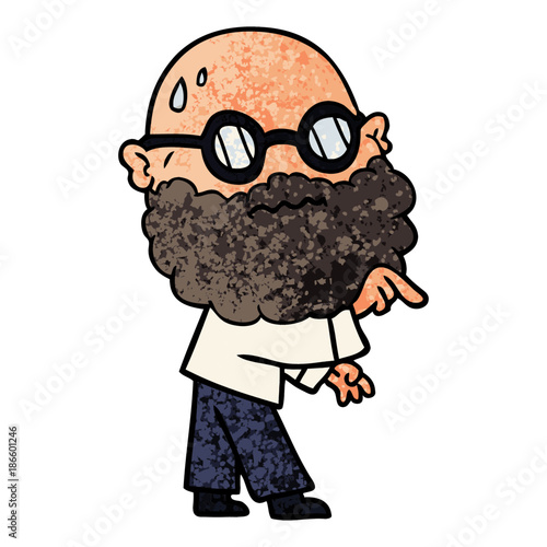 cartoon worried man with beard and spectacles pointing finger