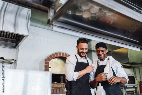 Smiling professional chefs working in restaurant kitchen