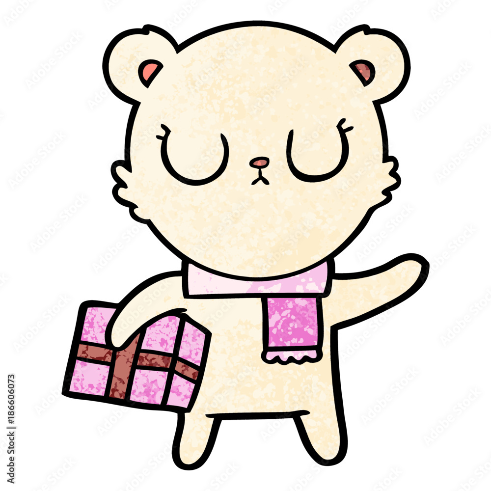 peaceful cartoon polar bear with christmas gift peaceful cartoon polar bear with christmas gift