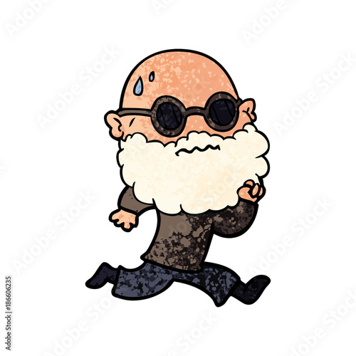 cartoon running man with beard and sunglasses sweating