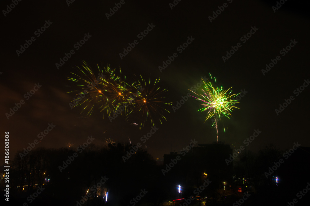 Explosion of fireworks during celebration of the new year 2018 in Gdansk.
