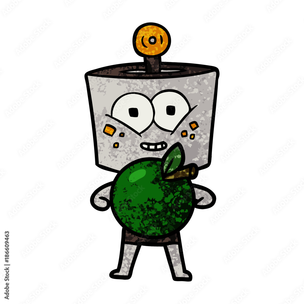 happy cartoon robot with apple happy cartoon robot with apple