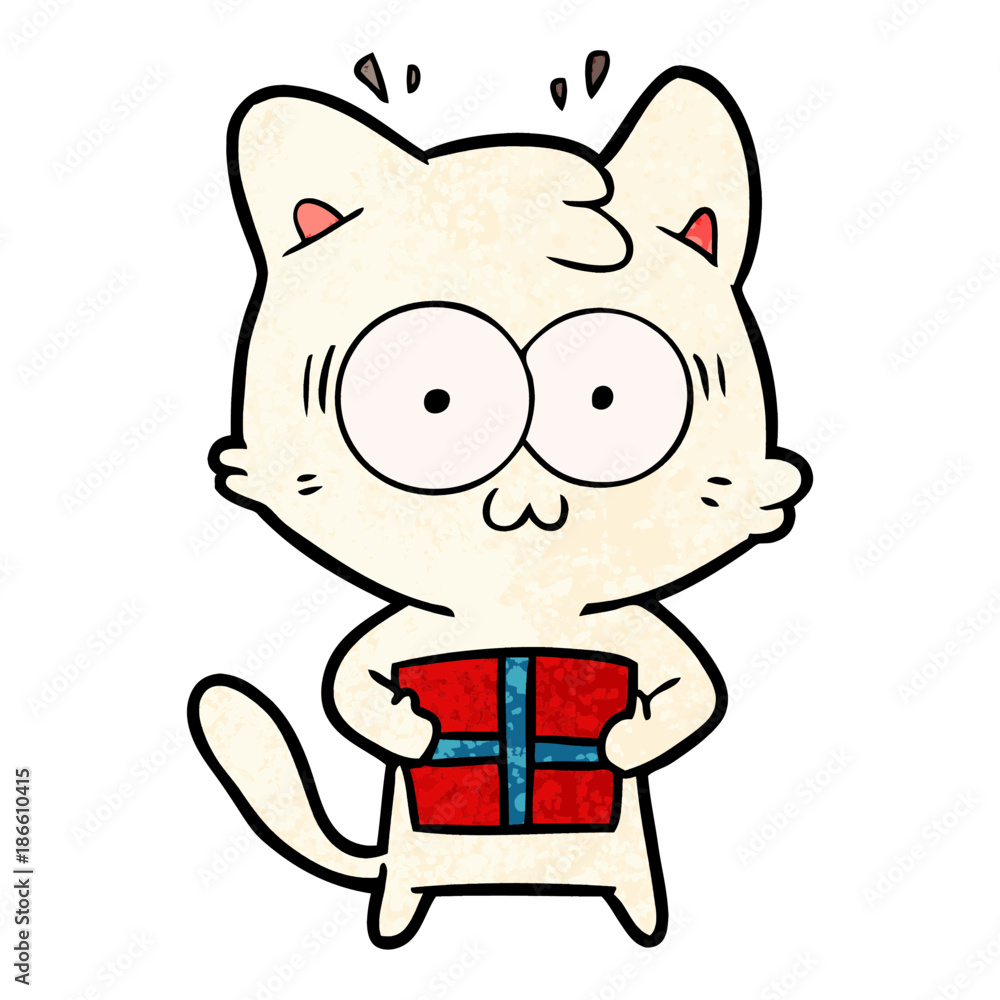 cartoon surprised cat with christmas present cartoon surprised cat with christmas present
