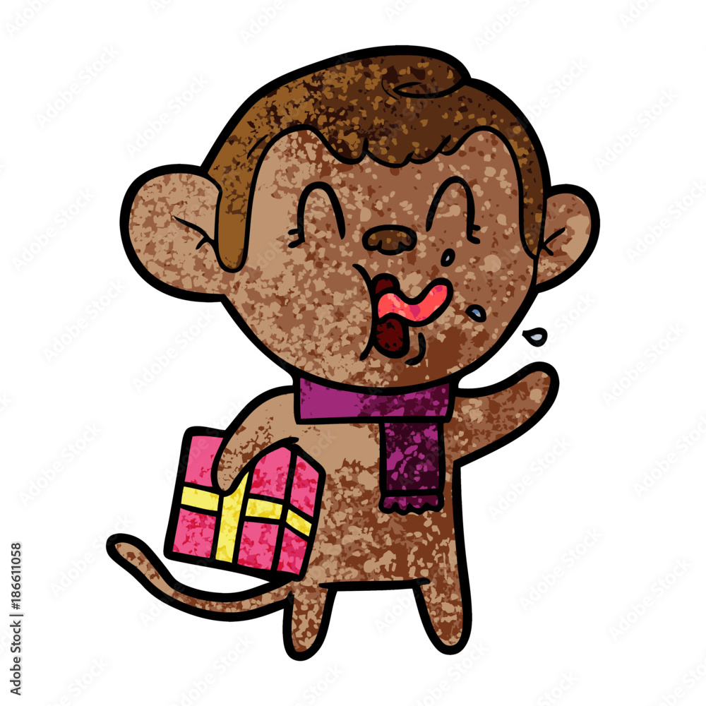 crazy cartoon monkey with christmas present crazy cartoon monkey with christmas present