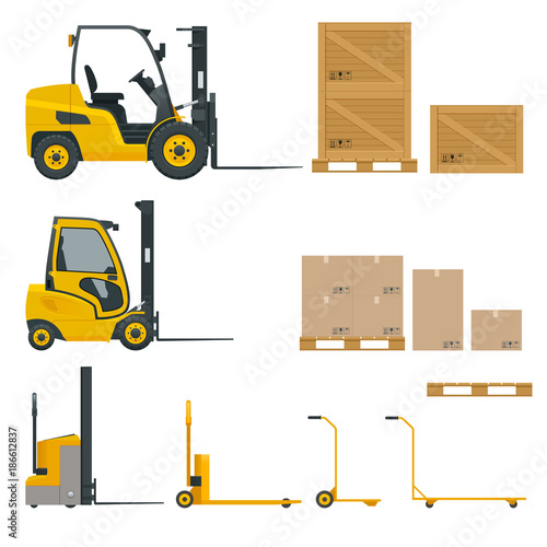 Set of Orange Forklifts in various combinations, storage racks, pallets with goods for infographics