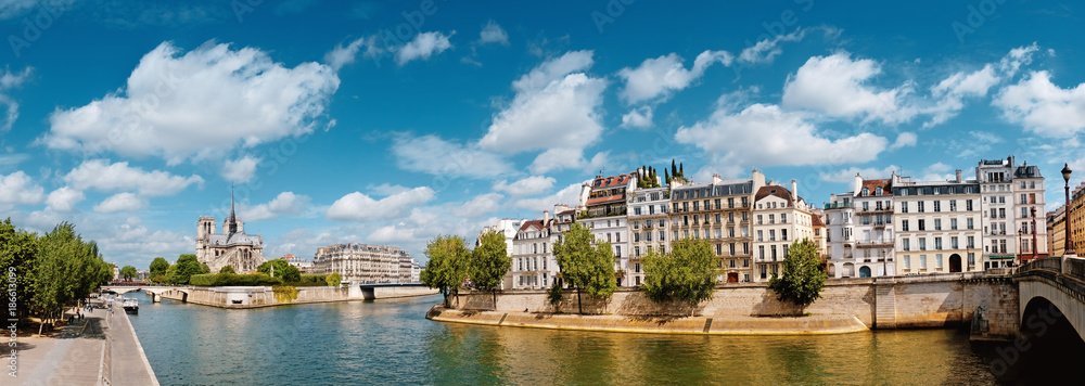 Paris, river Seine with Notre-Dame cathedral in Spring