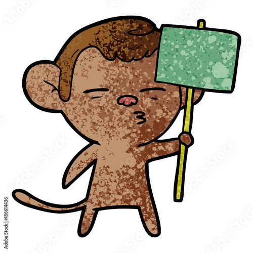 cartoon suspicious monkey with signpost