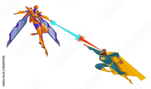 superhero battle with armored robot