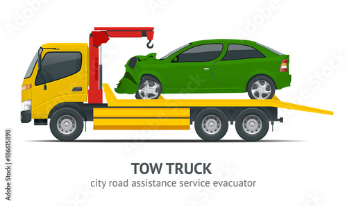 Tow truck city road assistance service evacuator. Tow truck delivers the damaged vehicle.