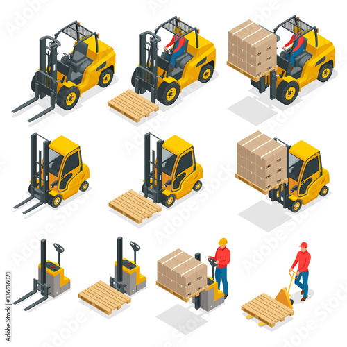 Isometric vector forklift truck isolated on white. Storage equipment icon set. Forklifts in various combinations, storage racks, pallets with goods for infographics. photo